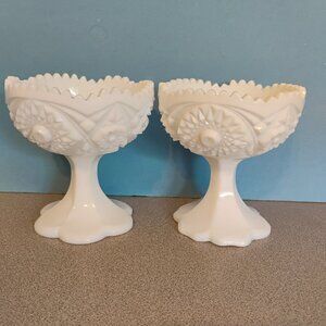 Kemple Glass Vintage Hobstar Pattern Milk Glass Pedestal Bowls ,set of 2